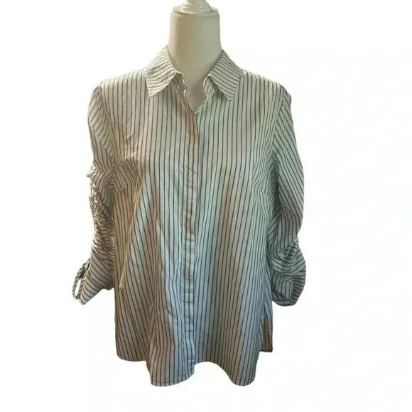 CAbi Linear Shirt Classic Black White Stripe Long Ruched Sleeves size M - Picture 2 of 8